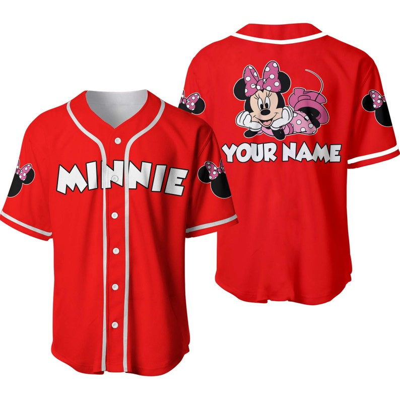 Personalized Chilling Minnie Mouse Disney Baseball Jersey - Red - KDHYPE